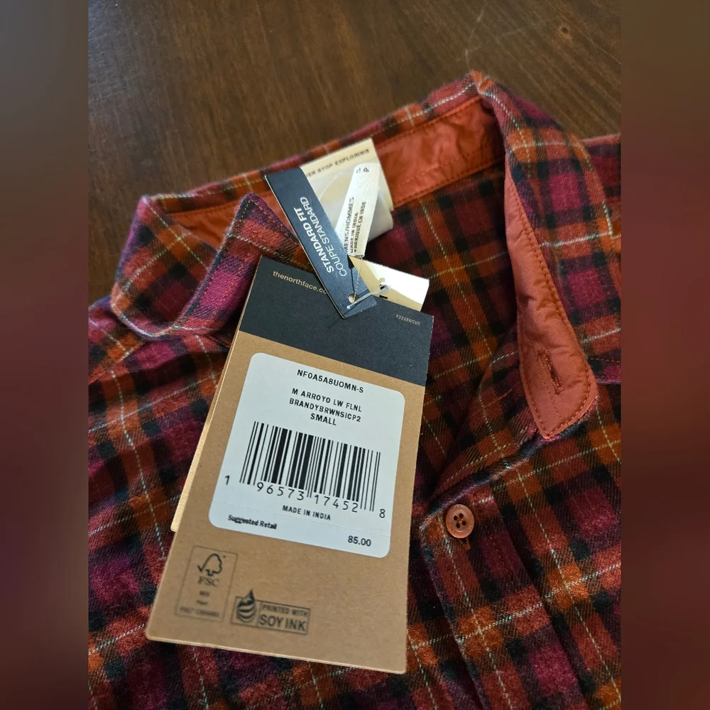 The North Face Arroyo Mens Lightweight Flannel Sz Sm Brandy & Brown Plaid NWT‎